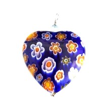 Murano Glass Blue Floral Millefiore Micro Mosaic Necklace 1&quot; Pendant - £13.09 GBP