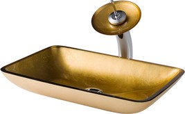 Golden Pearl Rectangular Glass Vessel Sink With Waterfall Faucet By, 10Ch. - £265.76 GBP