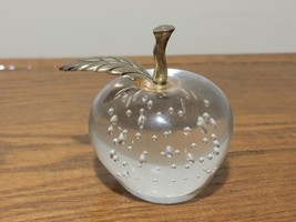 Vintage Glass Apple Paperweight with Metal Stem and leaf. - $14.50