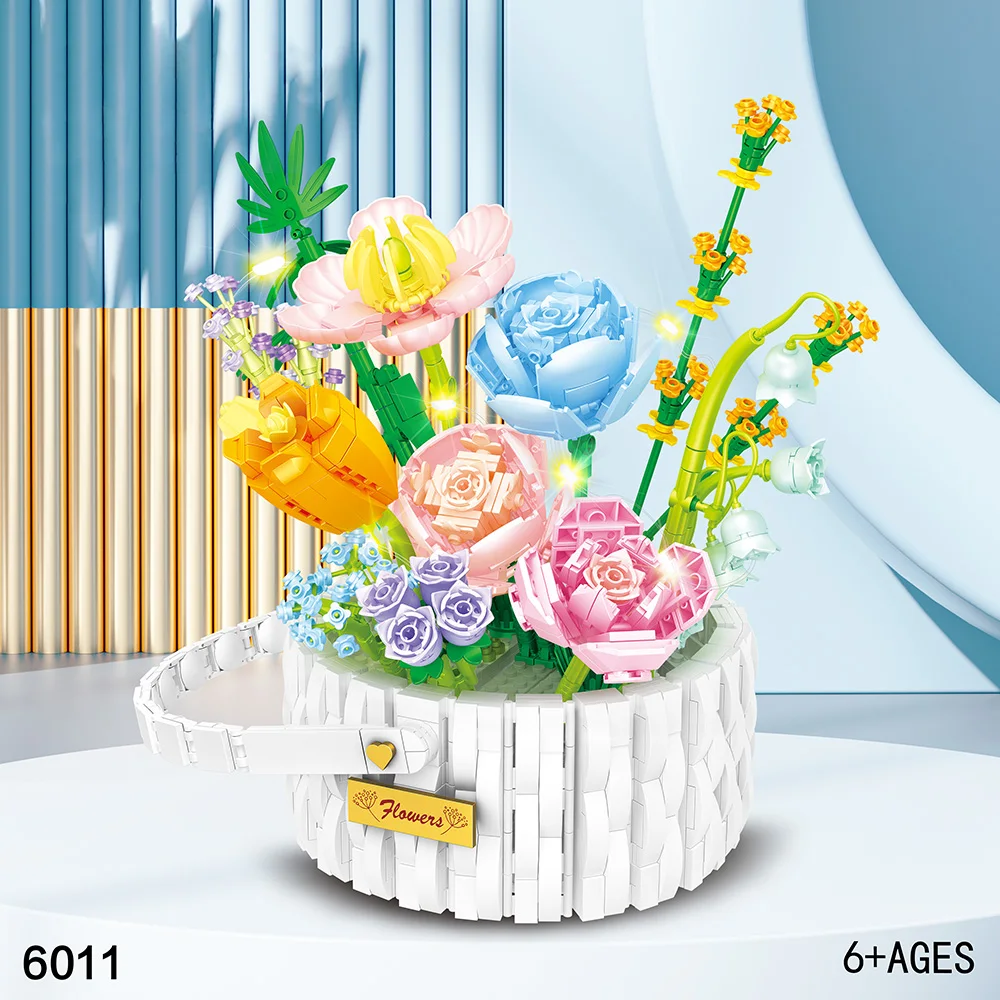 Flower Mini Building Blocks Rose Basket 3D Model Blocks With Light Home Decor - £36.45 GBP+
