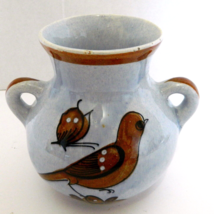 Stoneware Mexican Pottery Signed AMEX Bird Butterfly Flowers Blue Brown Vase - $16.71