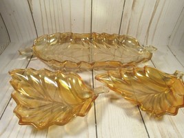 Amber-Gold Glass Set of Three Leaf Shaped Dishes Iridescent 10.5&quot; AND 6&quot;. - £16.35 GBP