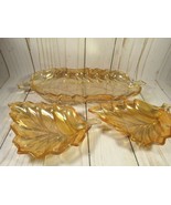 Amber-Gold Glass Set of Three Leaf Shaped Dishes Iridescent 10.5&quot; AND 6&quot;. - £16.40 GBP