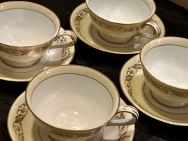 Noritake Gold Leaf Band 4 Cups 4 Saucers Cream &amp; White (4) 7-1/2&quot; #5298 - £30.66 GBP