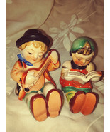 Porcelain Shelf Sitter Figurines Hummel like Boy with Banjo Girl with Mu... - £23.51 GBP
