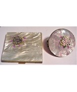 Vtg MOP MIRRORED COMPACT MIRRORED LIPSTICK HOLDER W/ EMBROIDERED FLOWERS - £138.15 GBP