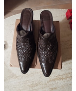 TONY LAMA WOMENS MULES 8.5 B WESTERN BROWN WOVEN WINGTIP EMBOSSED 2&quot;HEEL  - $45.00