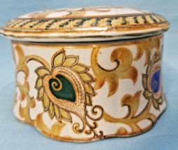 Oriental Accent Hand Painted Porcelain Trinket Powder Box Design White Gold - $29.95