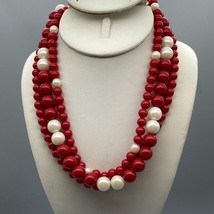 Vintage Lucite Triple Strand Necklace with Red Beads and Lustrous Faux Pearls - £30.16 GBP