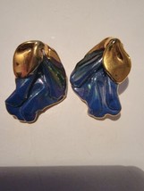 Vintage Womens Earrings VTG Blue &amp; Gold Tone Stud - £15.63 GBP