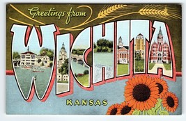 Greetings From Wichita Kansas Large Big Letter Postcard Linen EC Kropp Unused - £7.26 GBP