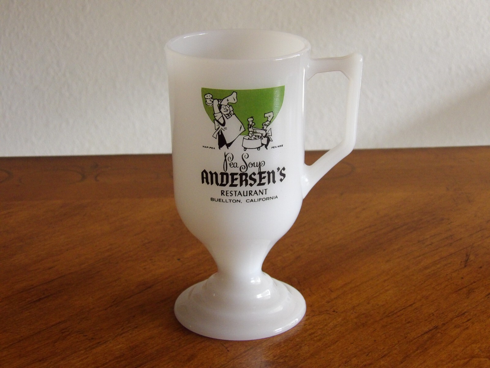 Vtg Milk Glass Pedestal Mug Andersen's Restaurant Pea Soup Advertising CA 5.5" Item image 2