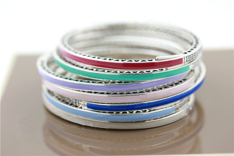 925 Sterling Silver Radiant Hearts Bangle With Enamel & Clear CZ Oval Bangle