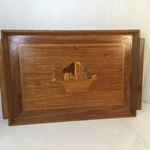 Vintage Inlaid Wood Serving Tray Marquetry Wood Rectangular Fruit Basket Design - £13.49 GBP