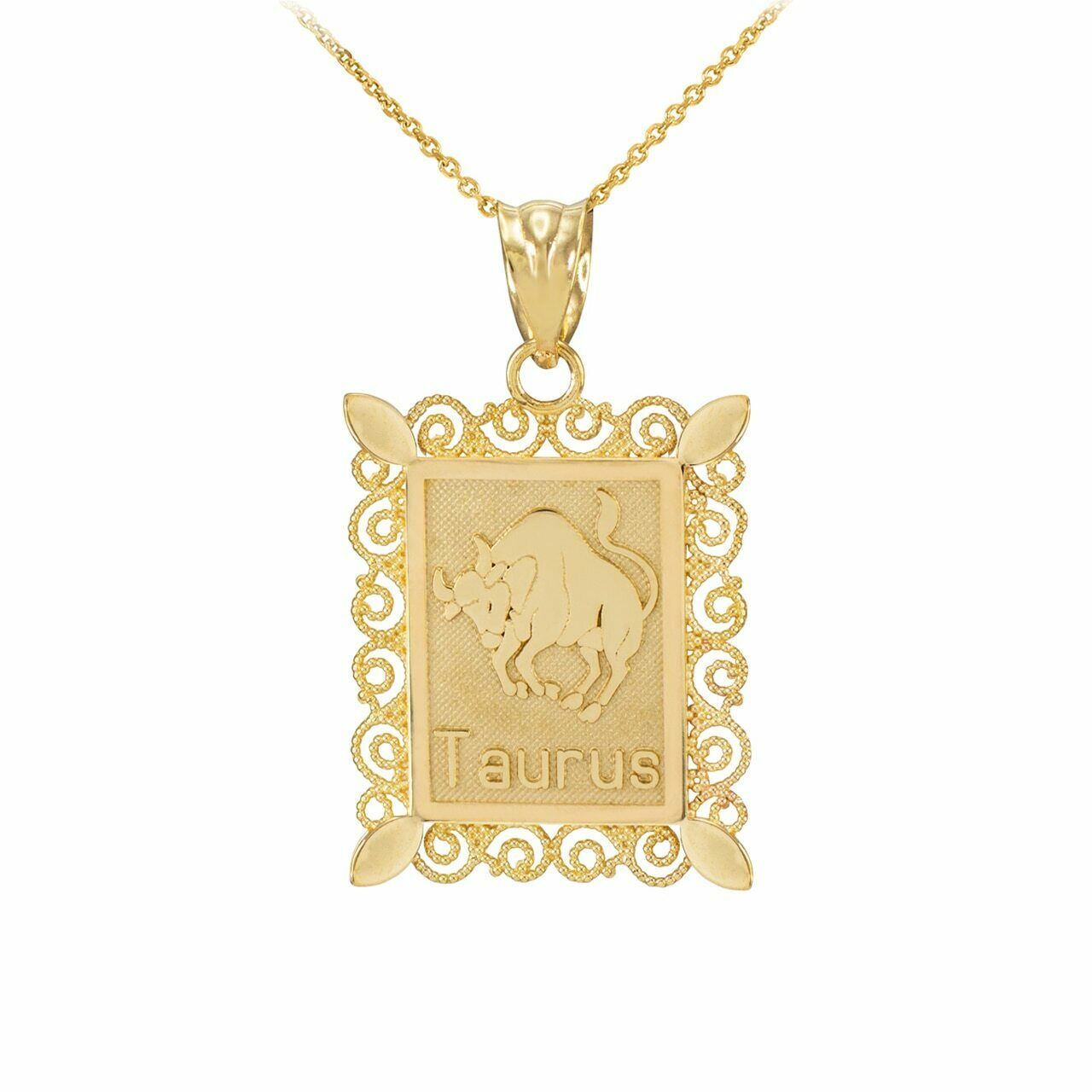 Primary image for 14k Solid Polished Gold Taurus Zodiac Sign Rectangular Pendant Necklace