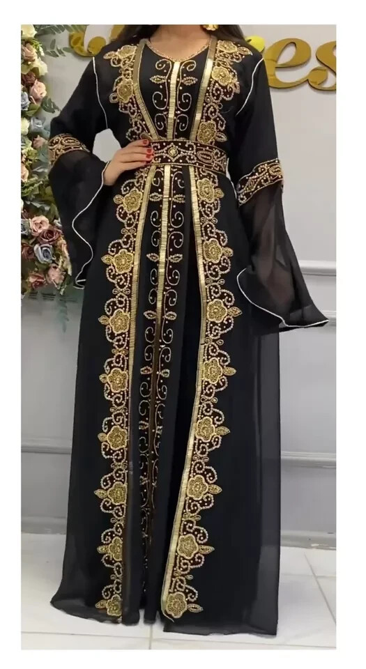 Long Moroccan Dubai Black Farasha Kaftan Gown Abaya Hand Work Dress Stylish - £113.84 GBP