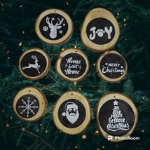 Set of 8 Rustic Wooden Log Pine Chips Black White Christmas Ornaments - $15.83