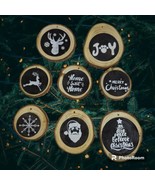 Set of 8 Rustic Wooden Log Pine Chips Black White Christmas Ornaments - £12.50 GBP