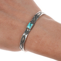 6&quot; Albert Jake Navajo stamped silver with turquoise slim cuff bracelet - £114.74 GBP