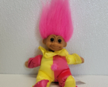 Vintage Russ Berrie Troll Pink Yellow Clown Jester Plush Doll Pink Hair - $7.71