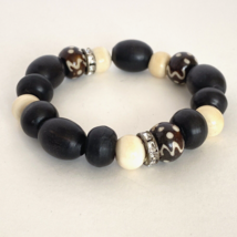 Tribal Style Brown Cream Black Rhinestone Beads Stretch Bracelet 5.7” - £7.07 GBP