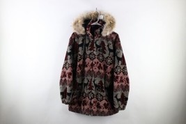 Vtg Cabelas Womens Large Fur Trim All Over Print Fair Isle Quilted Fleece Jacket - £93.41 GBP