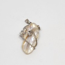 Abalone Shell Pendant w/ Clear Stones Silver Wire Wrap Mother of Pearl Unmarked - £18.91 GBP
