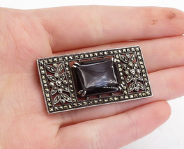 925 Silver - Vintage Victorian Black Onyx &amp; Marcasite Floral Brooch Pin - BP1308 - £46.38 GBP