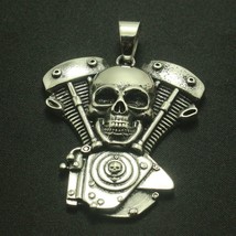 Harley Davidson V-twin engine skull Biker 316l stainless steel pendant necklace - £10.05 GBP