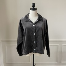 True Grit Petit Leaves Dark Grey Blue Leaf Velvet Boxy Shirt L - $377.69 MXN