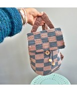 Crochet handmade Checkered Y2K aesthetic mini backpack neutral tones dus... - $24.07