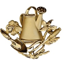 AJC Gold Tone Gardening Tools Flowers Watering Can Brooch Pin - $19.79