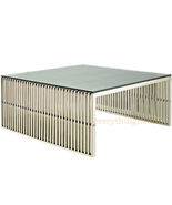 Stainless Steel Ribbed Beam Slotted Tubular Slat Grid Coffee Table Glass... - $809.96