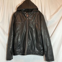 LEVI&#39;S Dark Brown Faux Leather Sherpa Lined Jacket Size Large XL Trucker Hood - £21.67 GBP