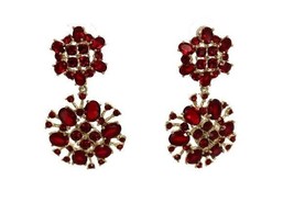 Vintage gold tone &amp; red rhinestone dangly post earrings - £15.95 GBP