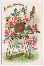 Postcard Embossed Birthday Greetings Golden Spinning Wheel Roses - £3.09 GBP