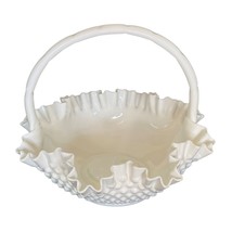 Fenton Milk Glass Bride Basket Hobnail Large 9” x 11.5” Vintage Ruffled Wave - £81.91 GBP