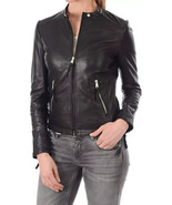 Black Genuine Lambskin Jacket Leather Women&#39;s Handmade Designer Biker St... - $2,336.66 MXN+