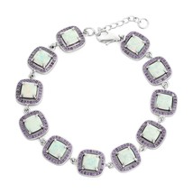 White Inlay Opal Squares with Amethyst CZ Border Link Bracelet - £205.15 GBP