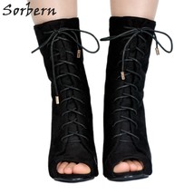Lace-Up Ankle Boots For Women Lace-Up Open Toe High Heel Boots Ladies Black Shoe - £153.01 GBP