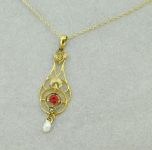 10k Yellow Gold Lavaliere Pendant with Red Glass and Pearl (#J4763) - £152.98 GBP
