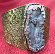 Tantric Buddhist Embossed Brass Cuff Bracelet With Druzy Crystal Medallion - $50.00