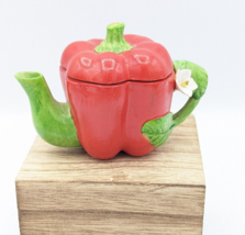 Ceramic Mini Tea Pot Red &amp; Green Bell Pepper Green Leaf Handle With White Flower - £7.00 GBP