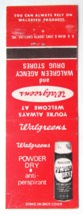 Walgreens Powder Dry Anti-Perspirant - Advertisement 20 Strike Matchbook Cover - £1.19 GBP