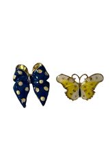 Vintage Enamel Bow &amp; Butterfly Brooch Set Gold Tone Blue Polka Dot Yellow - $11.70