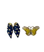 Vintage Enamel Bow &amp; Butterfly Brooch Set Gold Tone Blue Polka Dot Yellow - $11.70