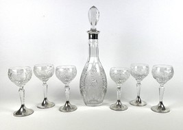Vintage Crystal and Sterling Silver Mark 925 Set Decanter and 6 wine Gla... - $524.98
