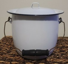 Vintage ~ Enamelware Pot ~ Lid &amp; Handle ~ 9.5&quot; Dia. x 8&quot; Tall ~ White &amp; ... - $112.07 CAD