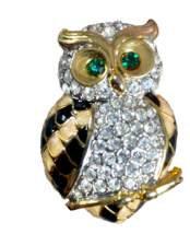 Vintage Crystal Horned Black Owl Pin Brooch  rhinestone Green Eyes 1.5 - $4.95