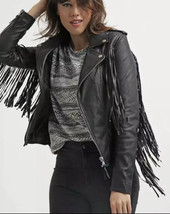 New Women&#39;s Black SheepSkin Leather Jacket Western Style Fringe Jacket Handmade - £98.40 GBP+